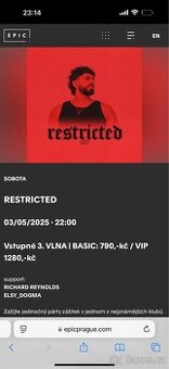 2 vstupenky na Restricted Epic Praha