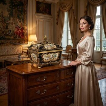 Luxusní zámecká dóza s ptáčkem porcelán + bronz