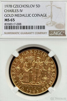 Zlatý 5 dukát Karel IV. 1978 NGC MS65