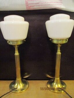 Párové lampy art deko, růžová stínidla, mosaz, funkční