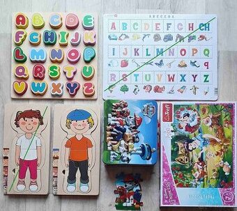 Drobné hračky: puzzle, kuličkodráha, auta, značky, Duplo..