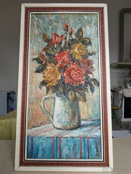 Obraz – Olejomalba na kartonu, váza s růžemi (1983)