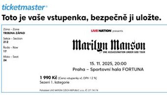 2 lístky Marilyn Manson sezení - 15.11.2025 Praha Fortuna