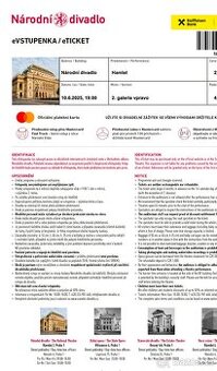 2x vstupenka na Hamleta do Národního 10.6.2025 od 19:00