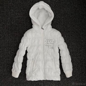 Dívčí bílá teplá prošívaná bunda s kapucí vel. 116, 5-6 let