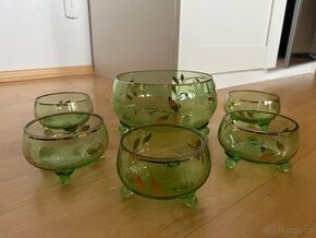 Starožitné skleněné zelené broušené misky mísa sada set 6 ks