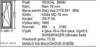Balkonové dveře trojsklo bílá/zlatý dub, 880x2130mm