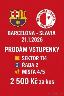 PRODÁM 2 VSTUPENKY – BARCELONA vs. SLAVIA 21.1. 2026