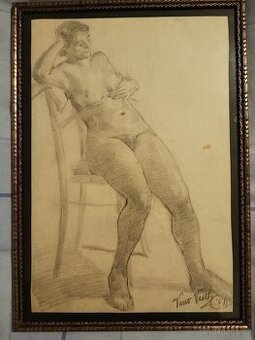 obraz AKT S ŽIDLÍ, kresba, sign. Veno Veselý 1938