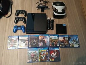 PlayStation 4, PS4 VR, PS4 move, 3x ovladač a 10 her