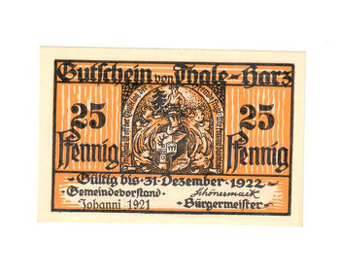 Nouzová bankovka 25 Pfennig 1921, Thale am Harz