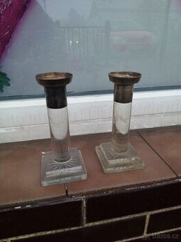 Starožitné svícny párové sklo, alpaka
