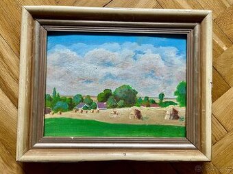 Olej Vesnice - starožitný obraz, 40x33 cm
