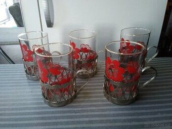 Staré retro skleničky s kovovými podšálky 5ks.