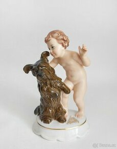 Starožitná porcelánová figura - putto a pes - Rosenthal