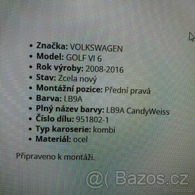 Blatník VW GOLF VI 6, PRAVÝ NOVÝ