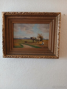 Starožitný obraz signovaný rok 1900 ze zadu štítek malíře.