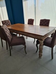 Masivní vyřezávaný stůl s patinou + židle