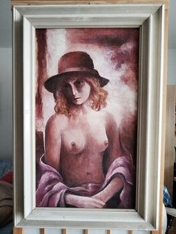 obraz DÍVKA V KLOBOUKU, akt, olej, nesignováno