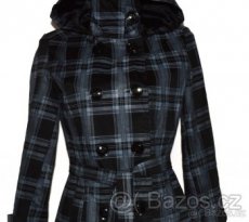 Dámský šedočerný kabát s páskem a kapucí