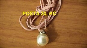 Nový originál náhrdelník, bílá umělá perla s kůží - SLEVA