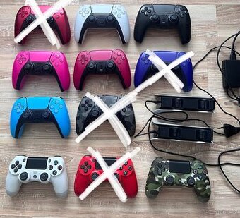 Sbírka ovladačů Dualsense PS5 i nabíječka a DualShock 4 V2
