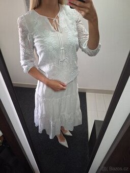 Bily madeirovy komplet halenka a sukne Mohito
