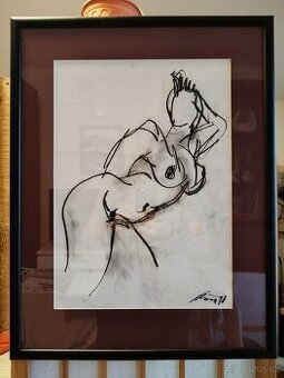 obraz NAHÁ DÁMA, akt, kresba, sign Ant. Kroča 1998