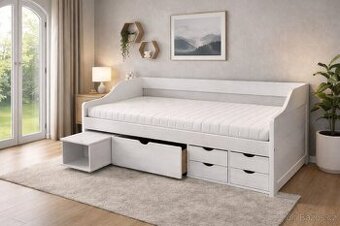 Multifunkční vyvýšená postel z masivu s matrací NOVÁ