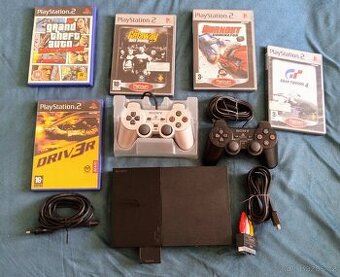 PlayStation 2 + ovladače, paměťová karta a hry
