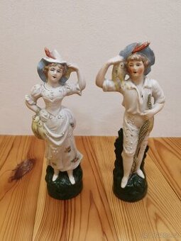 Párové starožitné sošky rybáře a rybářky