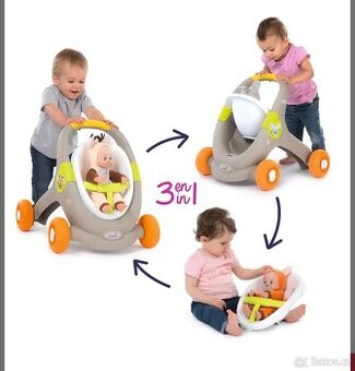 Chodítko / kočárek Smoby Minikiss Baby Walker 3v1