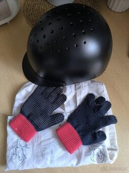 Jezdecká helma a jezdecké rukavice + taška