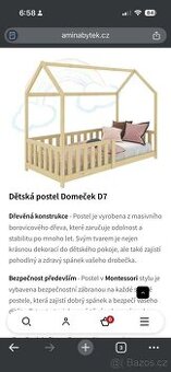 Dětská postel Domeček 80x160 se zábradlím a roštem, borovice