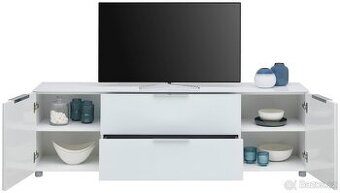 Moderní TV komoda, bílý vysoký lesk se skleněnými panely