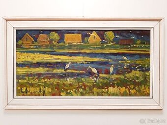 Obraz Čápi, olej na desce 51x88