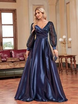 Elegantní společenské šaty– XL – námořnická modrá, nové