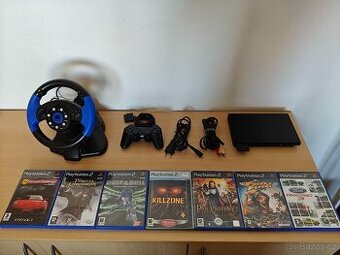 PlayStation 2 Slim, ovladač + volant / 7 her (PS2)