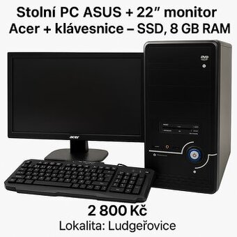 Stolní PC ASUS + 22" monitor Acer + klávesnice – SSD, 8 GB