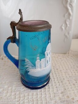 Malý korbel modré sklo ruční malba