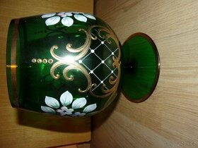 Obří číše zelené sklo, zlacené ,ručně malované květy