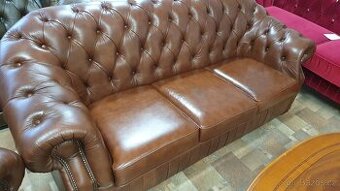 Chesterfield štýl,hnedá kožená sedačka 3+1,nerozťahovacia