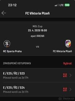 Prodám 2 vstupenky na SPARTA VS PLZEŇ 23.4. 19:00 na Letné