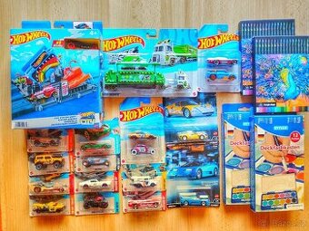 18x hot wheels autíčka, vodovky, pastelky