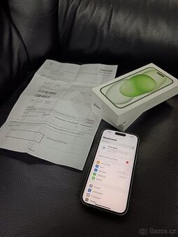 iPhone 15, doklad, záruka, kapacita baterie 98 %, ZÁNOVNÍ, T
