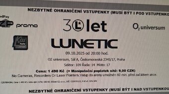 Lunetic 30 let + VIP catering (2 osoby)
