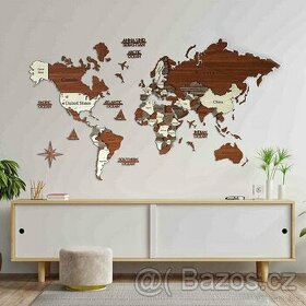 Dřevěná nástěnná mapa světa 3D (vrstvená)