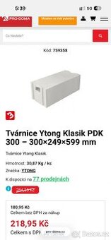 Prodám 33ks Tvárnice Ytong Klasik PDK 300 - 300×249×599mm
