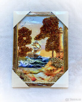 Luxusní jantarový obraz „Maják a plachetnice“ – originál