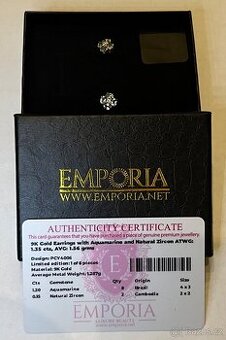 Zlaté náušnice se zirkony a akvamaríny